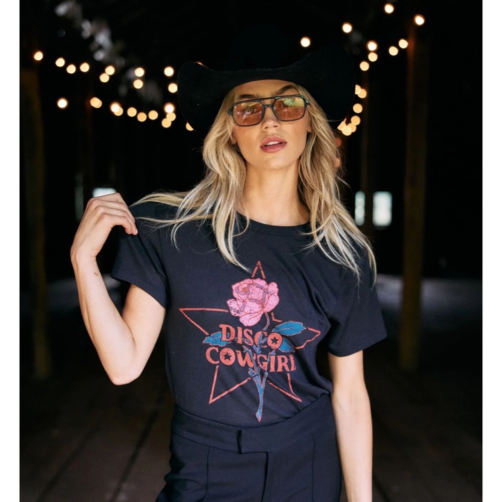 Black Disco Cowgirl T-Shirt with Pink Rose
